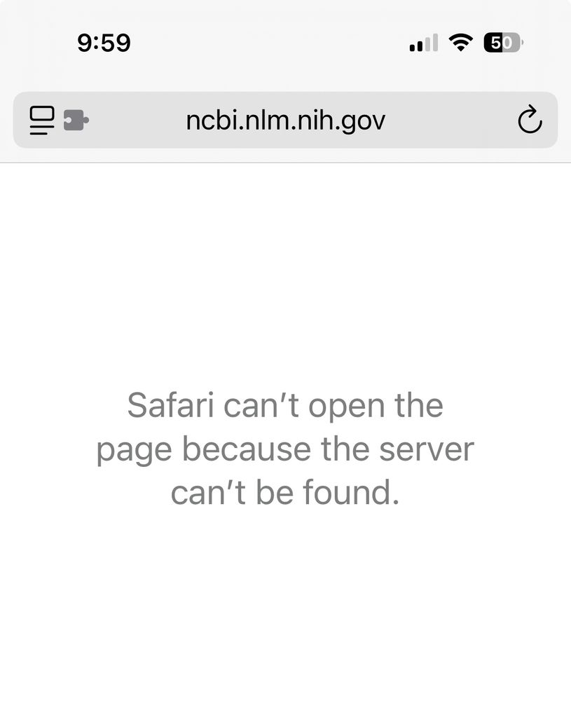 Second of four screen grabs showing “Safari can’t open the page because the server can’t be found” error messages on NIH, NCBI, GenBank and BLAST websites. 