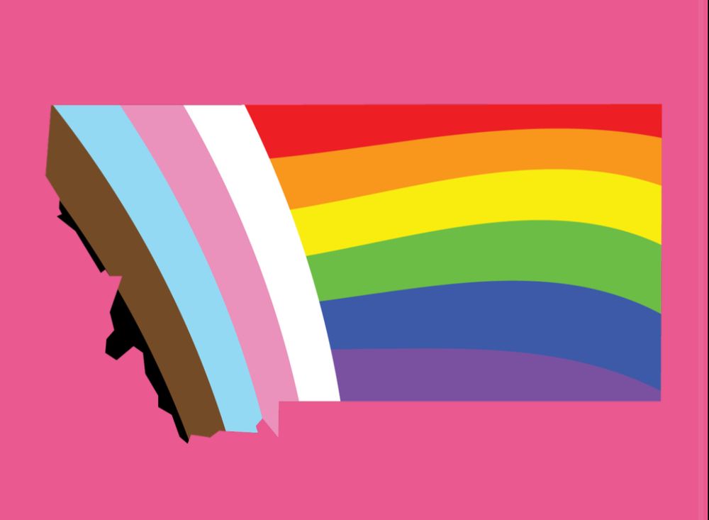 Map of the state of Montana decorated in LGBTQ+ colors. 