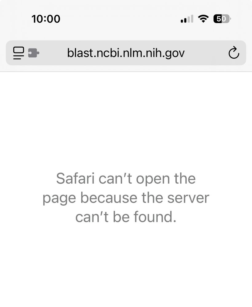 Third of four screen grabs showing “Safari can’t open the page because the server can’t be found” error messages on NIH, NCBI, GenBank and BLAST websites. 