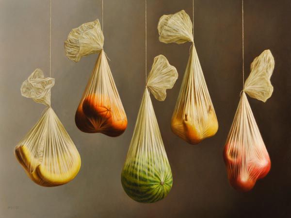 Realistic oil painting of five hanging plastic bags.  In the first  bag on the left there are bananas. In the second bag are oranges. In the third bag is a watermelon which is causing the plastic to really stretch.  In the forth bag are pears and in the last bag are apples. The title of the oil painting is “low hanging fruit” and is 30 x 40 inches