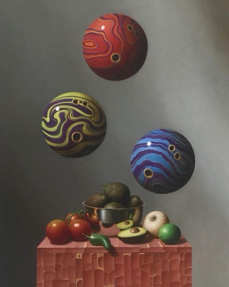 Realistic oil painting of three bowling balls about to crash down on avocados, tomatoes, and onion and a jalapeño pepper.  The title of the painting is simply “guacamole” and the painting is 40 x 30 inches. 