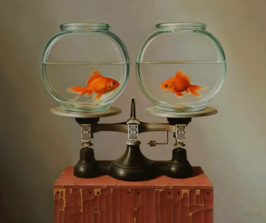 Oil painting of a scale with a fish bowls on each side.  There is a single gold fish in each of the 2 fish bowls.  The painting is titled “scales”