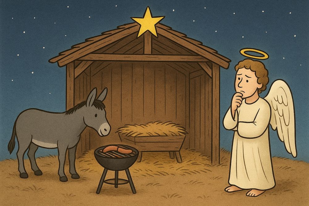 Das Bild zeigt eine Weihnachtskrippe in einer friedlichen, nächtlichen Szene unter einem sternklaren Himmel. Über dem hölzernen Stall leuchtet ein großer gelber Stern.

In der Krippe steht ein grauer Esel auf dem sandigen Boden, direkt neben einem runden Holzkohlegrill, auf dem ein paar Würstchen liegen.

Rechts daneben steht ein Engel mit weißen Flügeln und einem goldenen Heiligenschein. Der Engel wirkt ratlos und nachdenklich – er hat eine Hand ans Kinn gelegt und blickt grübelnd in die leere Krippe, in der nur etwas Stroh liegt.