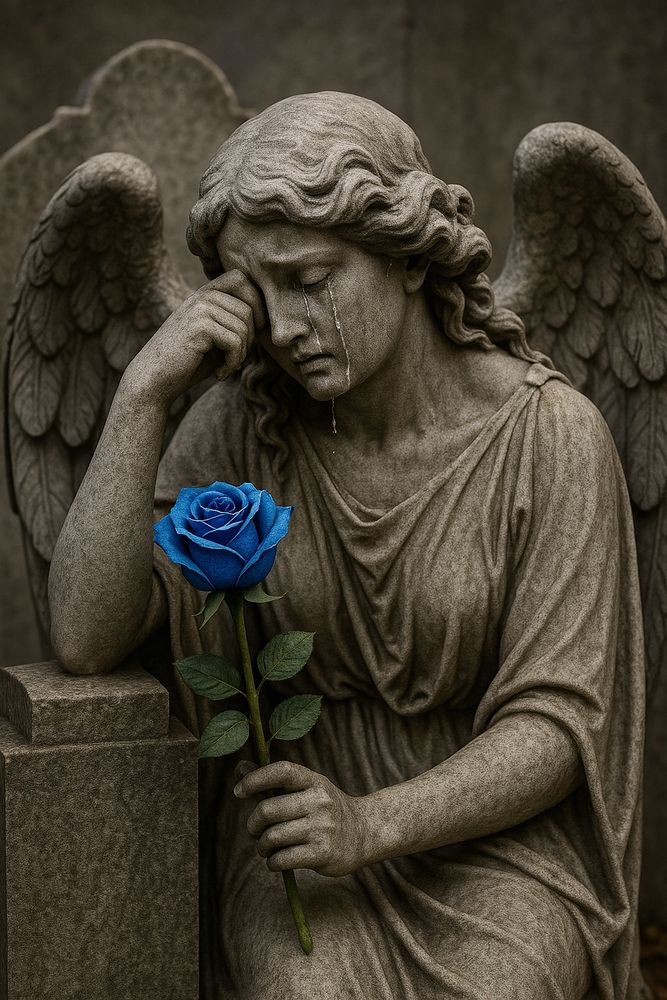 Ein steinerner Grabengel, der seinen Kopf auf seiner Hand abstützt. Über sein Gesicht laufen Tränen. In der linken Hand hält er eine blaue Rose.