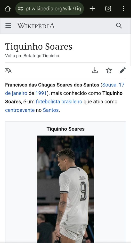 página da wikipedia do tiquinho soares. abaixo do título, está escrito (onde deveria ser Jogador de Futebol) "Volta pro Botafogo Tiquinho".