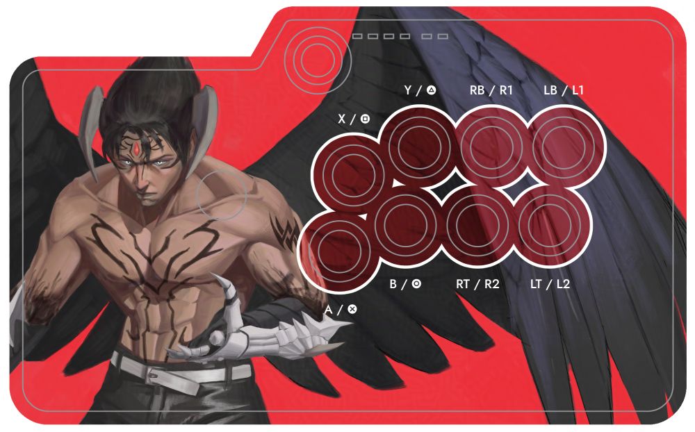 a drawing of devil jin from tekken 8, on a fightstick layout