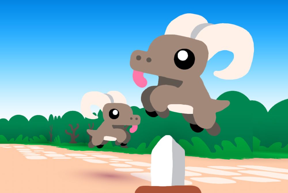 The same goat used as sprites in a first person action RPG, except now it's large areas of flat colour in a vector style that looks a tiny bit wobbly and hand-drawn. Also the goat is leaping through the air and its tongue is poking out.