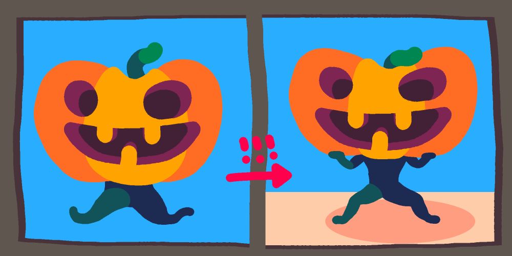 Two images of a simple hand illustrated jack-o-lantern. The figure on the left has roots or a vine that suggest legs but definitely aren't.

The figure on the right has an entire human body.