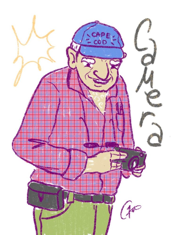 Drawing of an elderly man with white hair, a cape cod hat, holding a camera