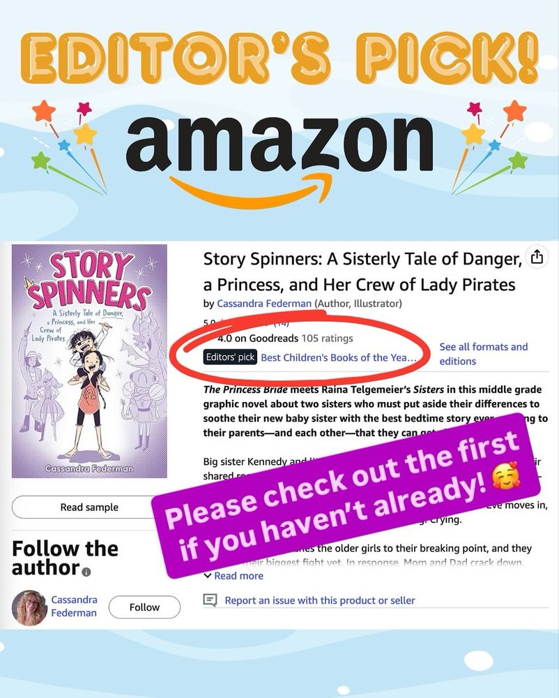 A photo with the cover-up story spinners two girls one on the other shoulders. It highlights that the book story spinner is an editors  pick on Amazon.