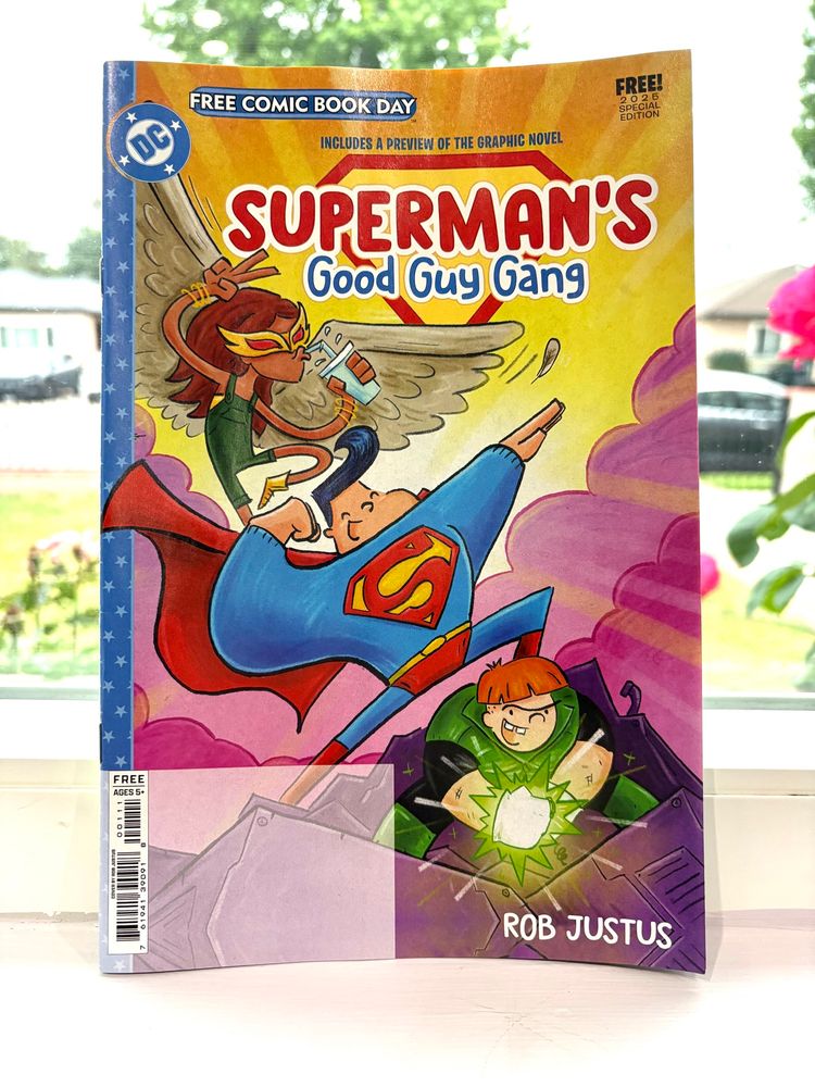 There’s a sneak preview of the cover of Superman‘s good guy gang with Superman on the cover and Green Lantern as well as several of characters. It’s a comic for free comic book day.
