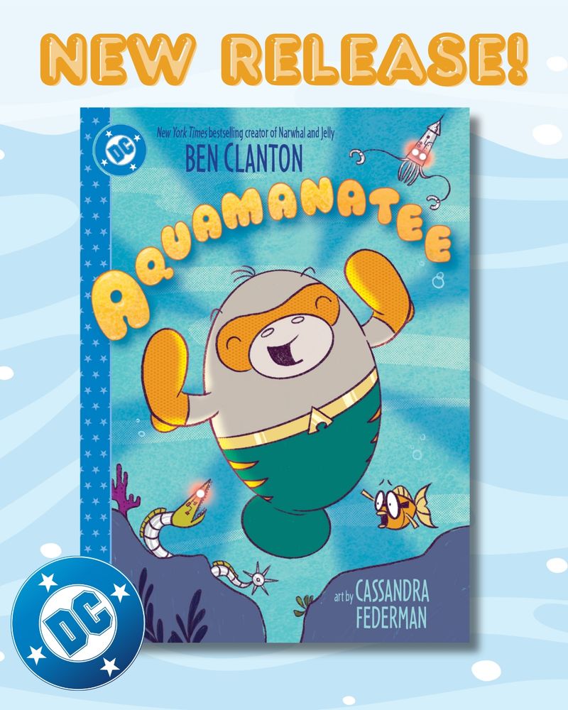 Image of the cover of the Young graphic novel Aquaman where Marlow the manatee has his flippers up in the air and he is dressed as Aquaman. His friend Goldie, the goldfish wears glasses in the bottom right corner and is looking directly at a Seaborg, which is a sea animal that has been taken over and has become half robotic. Goldie is trying to get Marlow’s attention so he too can recognize the danger in front of them.
