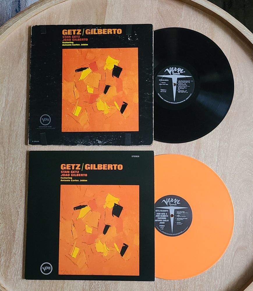 Photo of a 1964 vinyl pressing & a 2018 vinyl pressing of Stan Getz & Joao Gilberto's Getz/Gilberto album