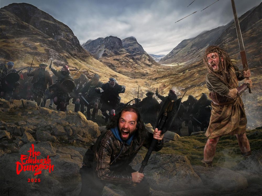 Infrapink, wielding an axe and a maniacal expression, leads a horde of Scotsmen with swords and shields across a rocky battlefield.