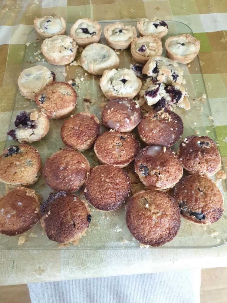A batch of blackberry tarts. Some are pure pastry, others have a frangipan topping.