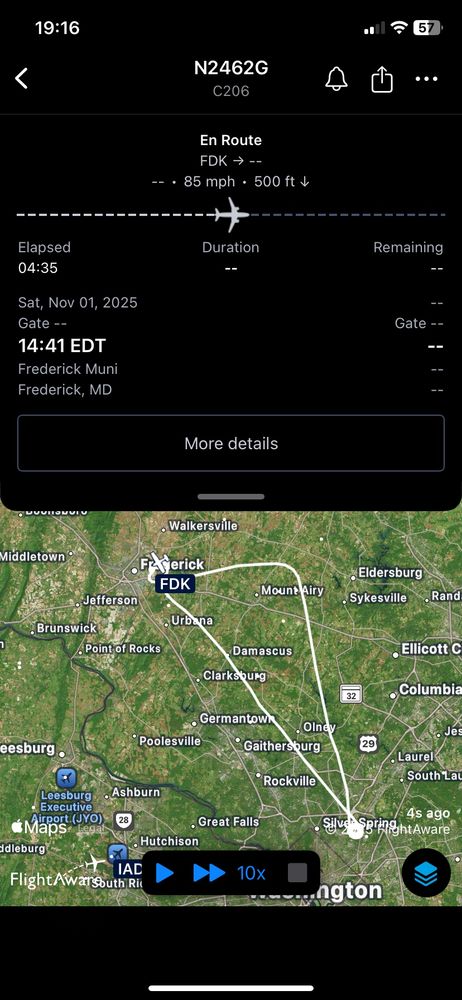 A further screen cap of the flight track from FlightAware showing the pilot about to land back at his home airport of Frederick, MD.