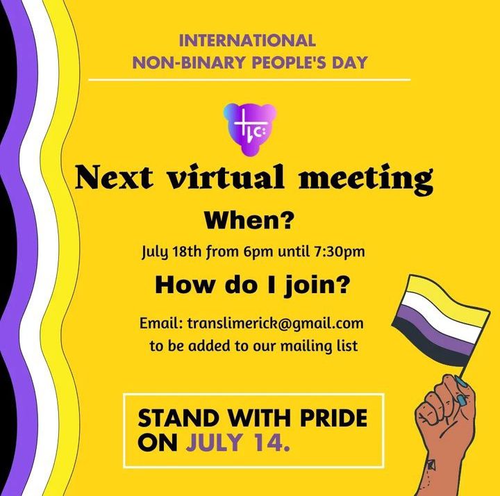 Yellow background with Non-binary flag along left side. A brown hand with blue nails waves another Non-binary flag in the bottom right corner. Text at top in purple reads: "International Non-binary People's Day". Below the TLC logo, black text reads: "Next virtual meeting. When? July 18th from 6pm until 7:30pm. How do I join? Email: translimerick@gmail.com to be added to our mailing list. In a white box outline at the bottom, "Stand With Pride on July 14" is written in black and purple bold capital letters. 