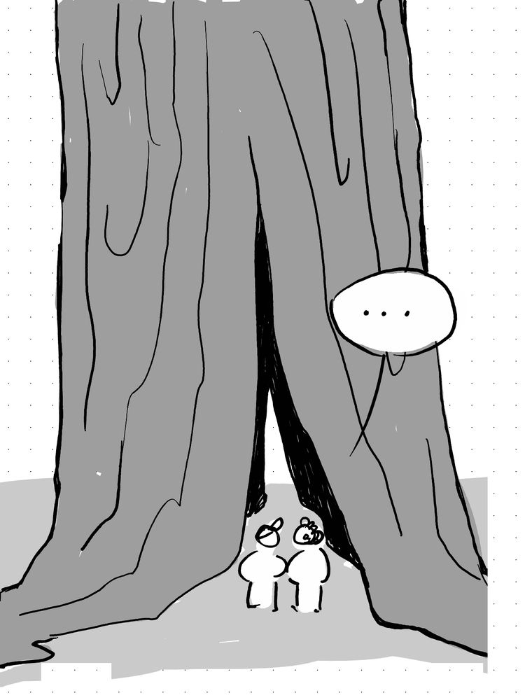 Two people standing inside of a giant sequoia tree. “…”