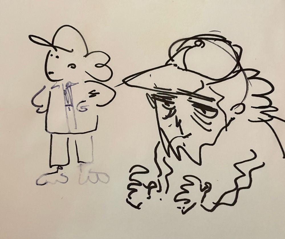 (Left) crude sharpie drawing of myself wearing a hat, button up shirt, and pants. (Right) sharpie drawing my me melting in despair 