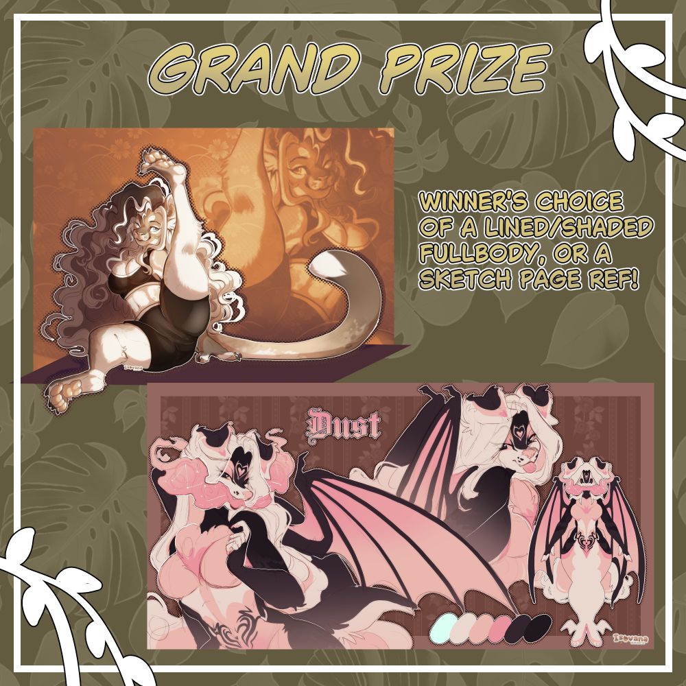 Grand prize: Winner's choice of a lined and shaded full body illustration, or a sketch page ref sheet illustration! 