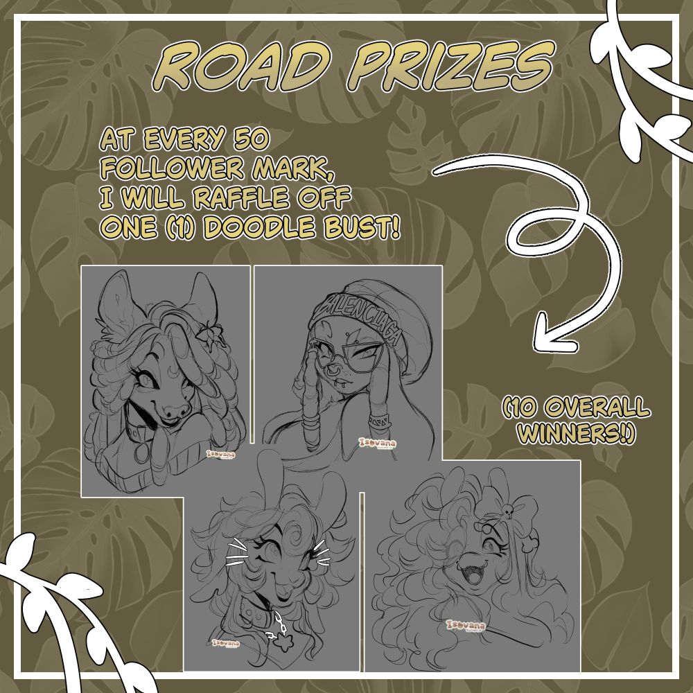 Road prizes: At every 50 follower mark, I will raffle off 1 doodle bust. (10 overall winners for road prizes!)