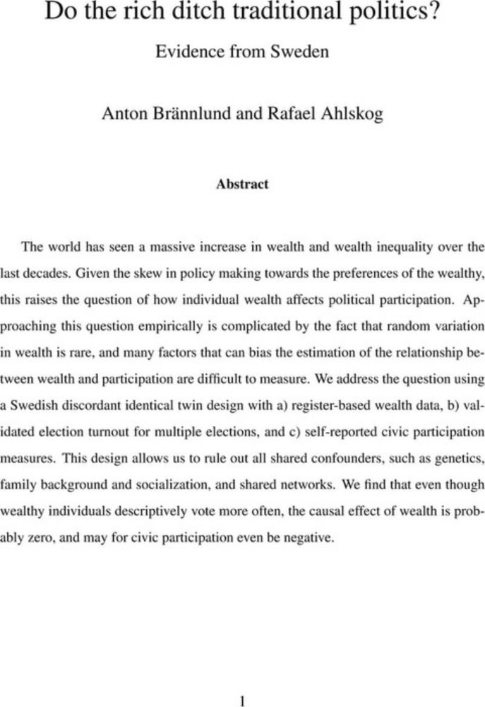 Do the rich ditch traditional politics? Evidence from Sweden