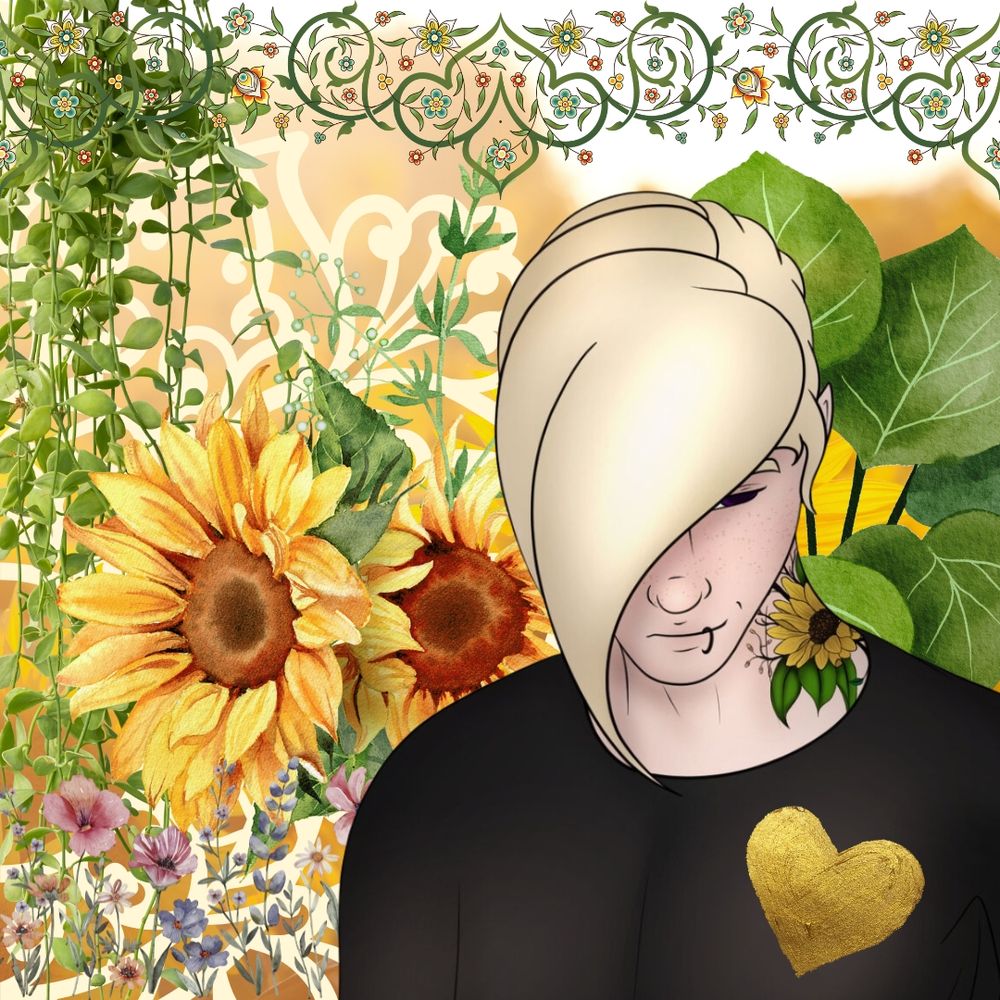 A collage of Nes from Celestis with sunflowers and leaves and a golden heart