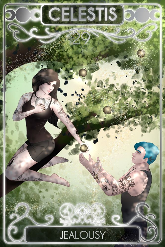The cover for ep 29 of Celestis featuring Yana in a tree with golden apples and Dehan below her