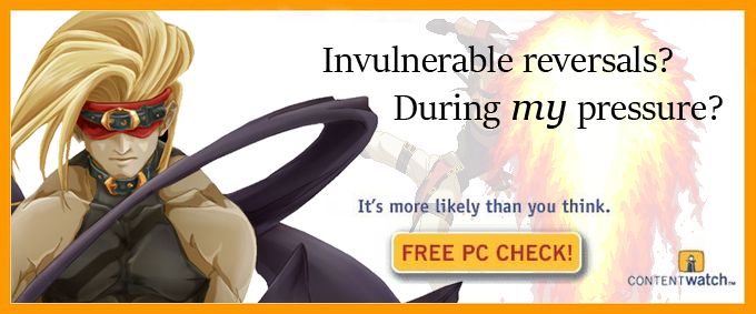 A free PC Check advertisement edited to have Zato-1 and Sol Badguy from Guilty Gear. "Invulnerable reversals? During my pressure? It's more likely than you think."