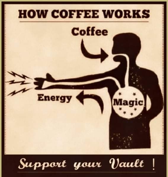 How coffee works: coffee brews to magic in belly and energy shoots out hand.