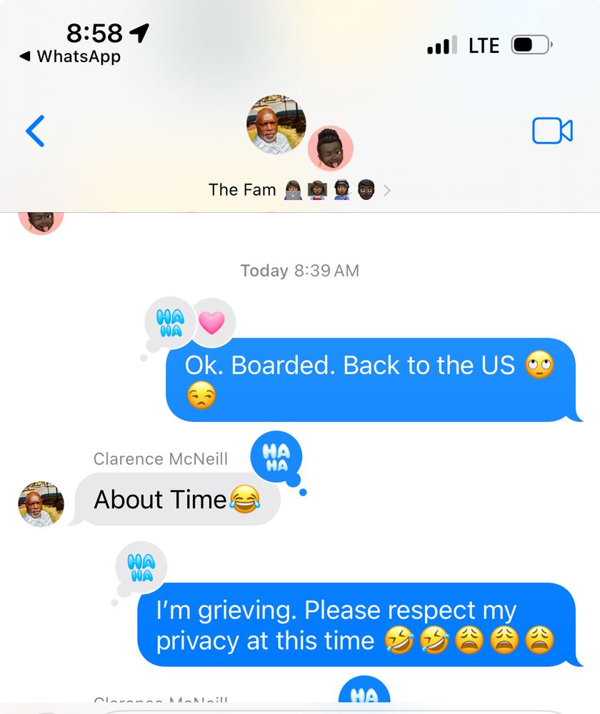 Screenshot of text exchange between poster and her father. She writes: “Ok. Boarded. Back to the US 🙄😒” Her father responds: “About time 😂” She then says “I’m grieving. Please respect my privacy at this time 🤣🤣😩😩”