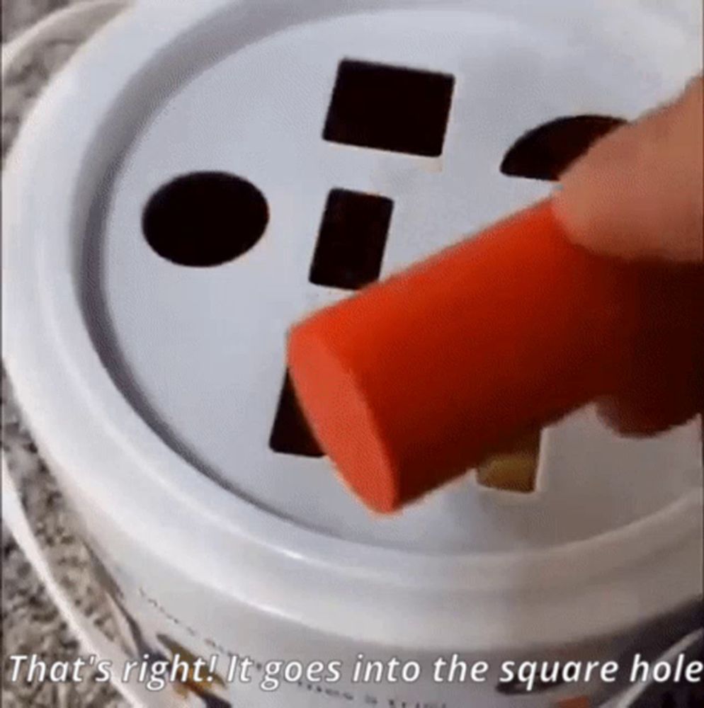 a person is putting a red object into a square hole in a white bucket .