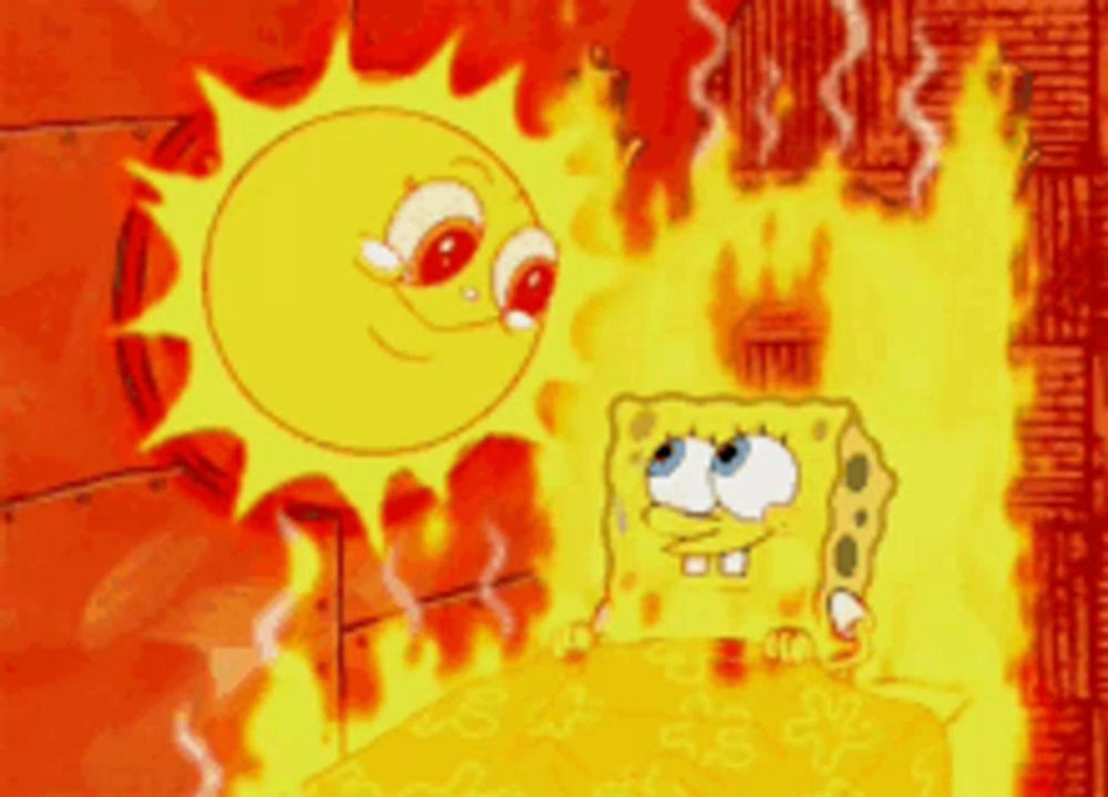 a cartoon of spongebob and a sun with red eyes