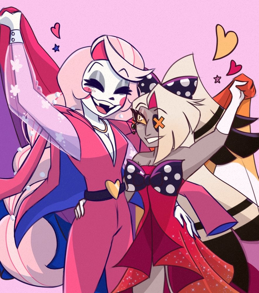 [Id: A digital drawing of Charlie and Vaggie from Hazbin Hotel.

Charlie and Vaggie are happily holding and raising their respective pride flags, Charlie holding up the bisexual flag with her right arm, and Vaggie holding up the lesbian flag with her left arm. The characters take up almost the entire screen, and there are some hearts and stars close to their heads.

Both are very close to each other, almost glued together in a semi-embrace. Charlie laughs happily, while Vaggie looks up at her with a cheerful and tender smile. Charlie rests her free hand on Vaggie's hips, while Vaggie lightly holds Charlie's waist with her free hand as well. The two of them have a slight blush on their cheeks.

Charlie is wearing a V-neck pink jumpsuit with sheer puff sleeves, which has small flower details on it's fabric. She also wears a gold necklace, and a belt with a gold heart buckle covers her waist. A blazer in the same color as the jumpsuit rests on her shoulders. Vaggie is wearing a reddish-pink dress with a soft orange gradient on the skirt, decorated with some sparkles. On her chest there is a large polka-dot bow that holds the dress together. Instead of her classic red hair bow, she uses a polka-dot one (practically the same as the one on her chest) to hold her small, high ponytail.

These outfits were inspired by Hazbin Hotel's two thousand twenty-five pride month standees. The original outfit designs were made by Kanomareki.

The piece is composed by shades of yellow, orange, red and pink, with some details in purple, blue and black. The background of the image is a soft light pink. End Id.]