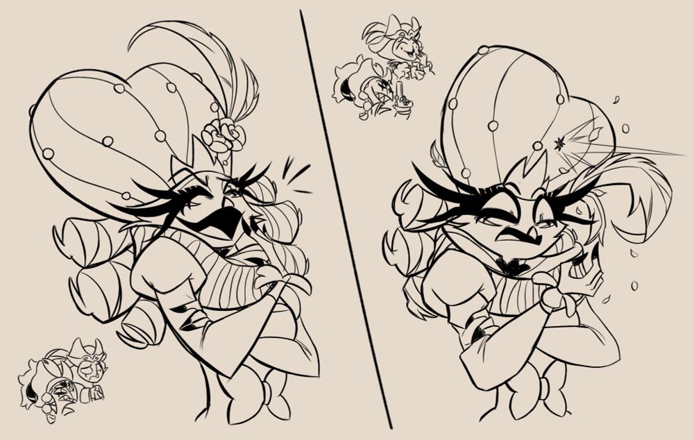 [Id: A digital drawing of Stella from Helluva Boss, with a small appearance by Blitz and Stolas, all in pirate outfits.

The image is split in the middle into two panels. In the first, Stella is laughing mockingly, glancing at the screen from the corner of her eye, small tears forming on it from so much laughter. Her arms are crossed, one hand lightly covering her mouth, while the other rests on top of her other arm. In the lower left corner of the panel are two little heads. Blitz's, who looks at Stella with a confused expression of disgust, and Stolas', who appears uncomfortable.

In the second panel, Stella has a startled, shocked expression, and a bullet hole in her pompous wig. She still has her arms crossed, but the hand that was previously simply resting on her arm now grips it tightly, and the hand that was previously subtly covering her mouth is now frozen in midair. The feathers that once adorned her wig are now broken and wilted, and other several small feathers fly around her head from the bullet impact. In the top left corner of the panel are Blitz and Stolas once again, now with Blitz proudly smirking while holding his gun, and Stolas chuckling happily. End id.]