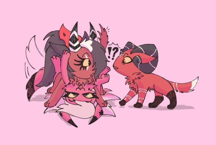 [Id: A digital drawing of the cat versions of Sallie May, Verosika Mayday and Barbie Wire, from Helluva Boss.

Sallie is on top of Verosika, her paws stepping on Verosika's hair, both of them practically glued to each other as if they were playing previously, since one of Verosika's paws is still poking one of Sallie's ears, while her tail happily wags and her little tongue playfully licks at Sallie's chest fur.

However, despite Sallie being on top of Verosika, she has her attention drawn to Barbie, who appears to have just arrived on the scene, approaching Sallie and Verosika while making eye contact with Sallie, both their facial expressions attentive and curious. 

The image is mostly composed by shades of pink, red and black. The only different color being a soft yellow in the eyes of each of the characters. End id.]