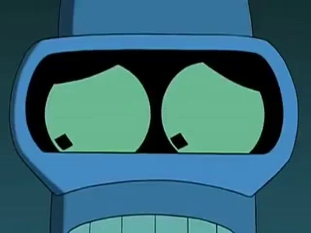 bender from futurama is looking at the camera with his eyes glowing .