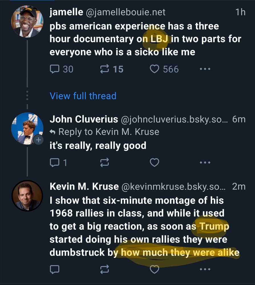 Screenshot of skeet thread summary that indicates Kevin M. Kruse comparing LBJ rallies to DJT rallies.

....but the summary doesn't do the thread justice.  That is not what is being compared.