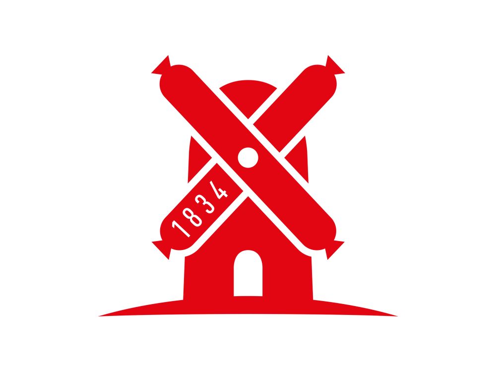 Das Logo der Rügenwalder Mühle (eine rote Windmühle mit Mühlenblättern aus Wurst)