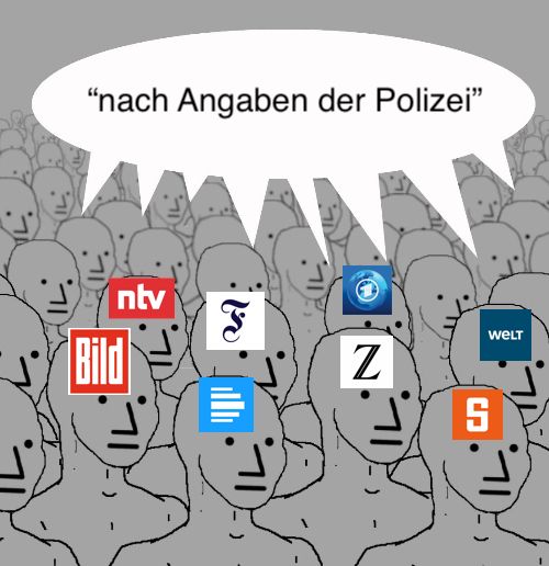 NPC Gruppe Meme, mit den Logos verschiedener deutscher Presseerzeugnisse und einer Sprechblase die mehrere Ausgangspunkte hat: "nach Angaben der Polizei"