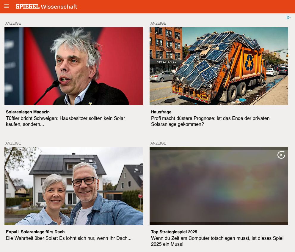 Spiegel Online, Kategorie Wissenschaft

4 Werbeanzeigen, 3 davon sind Solar Fear Mongering