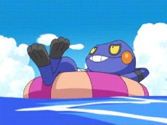 A gif of the pokemon croagunk floating in a pool 