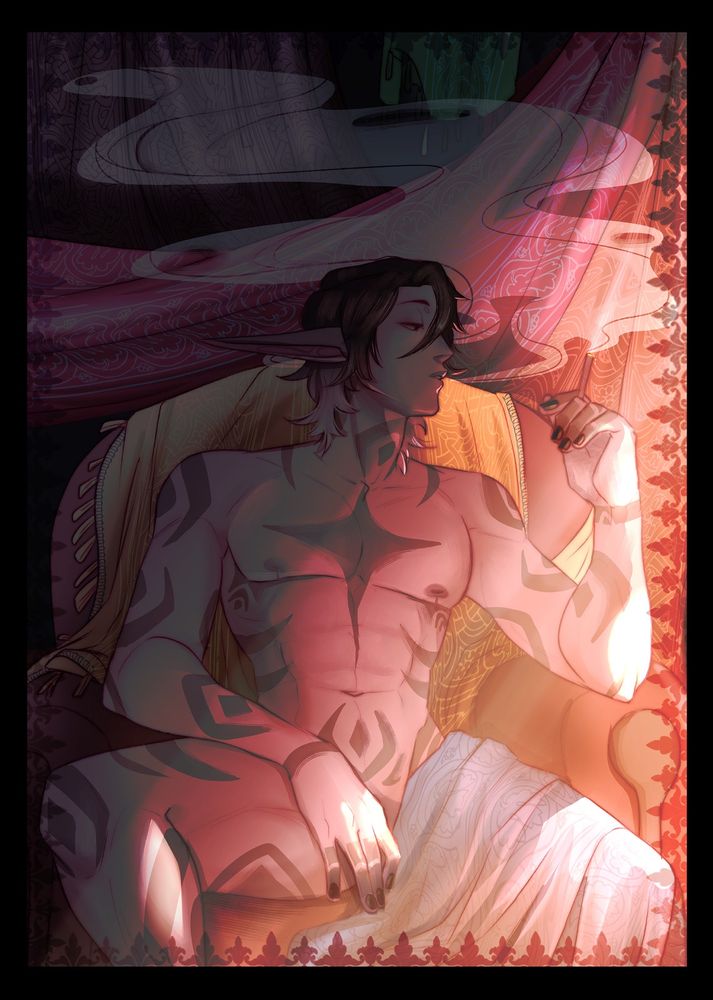 An Elf, naked and only covered by cloth and his hand, draped on a chair, smoking a cigarette