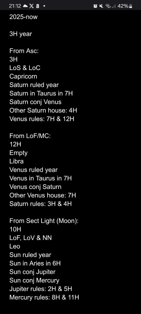 A breakdown of the profection year I am in now profecting from the Ascendant, the Lot of Fortune, and my sect light, the Moon.