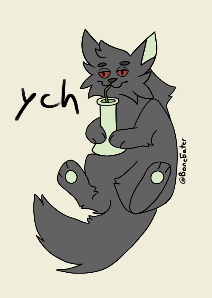 A 4/20 YCH of a canine holding a bong with the front of their paws, with the bottom legs sticking out, and tail beneath them. They’re looking faded with red eyes as they’re using a straw to drink from a bong. 
