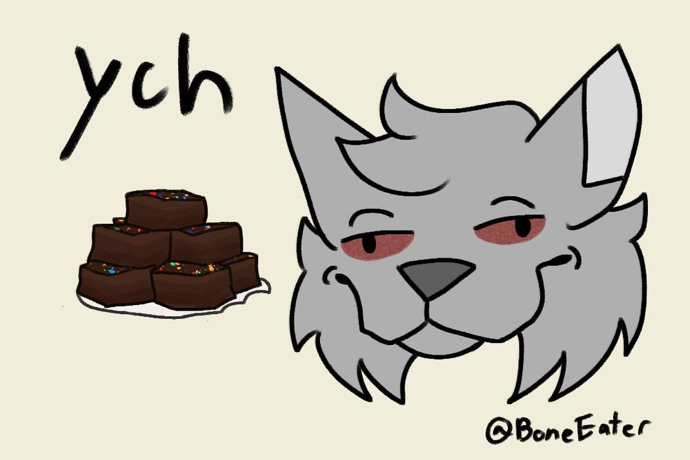 A 4/20 YCH of a plate of cosmic brownies with a bite taken out of the plate, and a smirking canine looking both ways with red eyes and a gray color palette