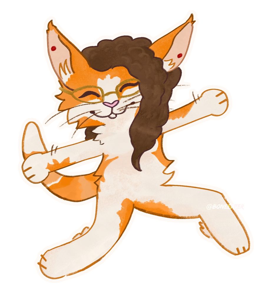 A frolicking furry cat with glasses and curly hair. Her arms are out wide and she’s skipping, being a cream base with orange markings and gold glasses, along with red ear piercings and some whiskers