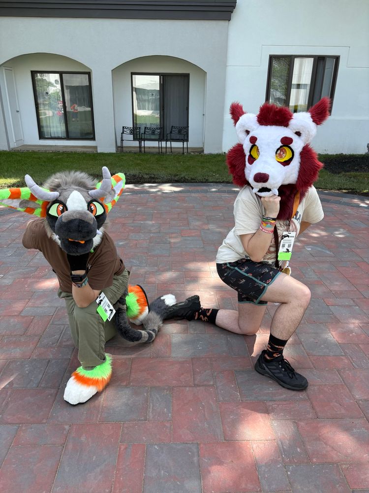 Two furries on one knee with their fists under their chins