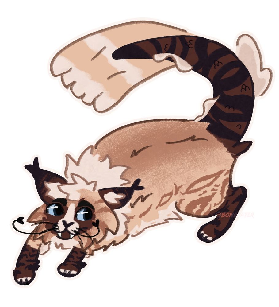 A jumping cat with a fish tail! Their body is a light brown to tan, having a tabby pattern with darker brown markings as well 
