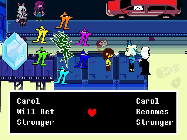 a deltarune/undertale sprite edit taking place in the core. there are many sprites on screen. there is a knight he is green. he is surrounded by starwalkers coloured like the human souls. there is a snowgrave crystal on the left it has Dess' guitar inside. Carol is touching gaster's shoulder and there are blue spikes coming out of her eyes. kris is evil smiling and chara is behind them. Gaster is wing gaster from undertale battle simulator. The regular mysteryman sprite is in the core alongside gerson. Torial is driving a stretched car on top of the screen towards susie and noelle. Noelle is using her snowgrave sprite. Susie's pants are blue. They are both horrified. There is a text box that says "carol will get stronger" and "carol become stronger". 